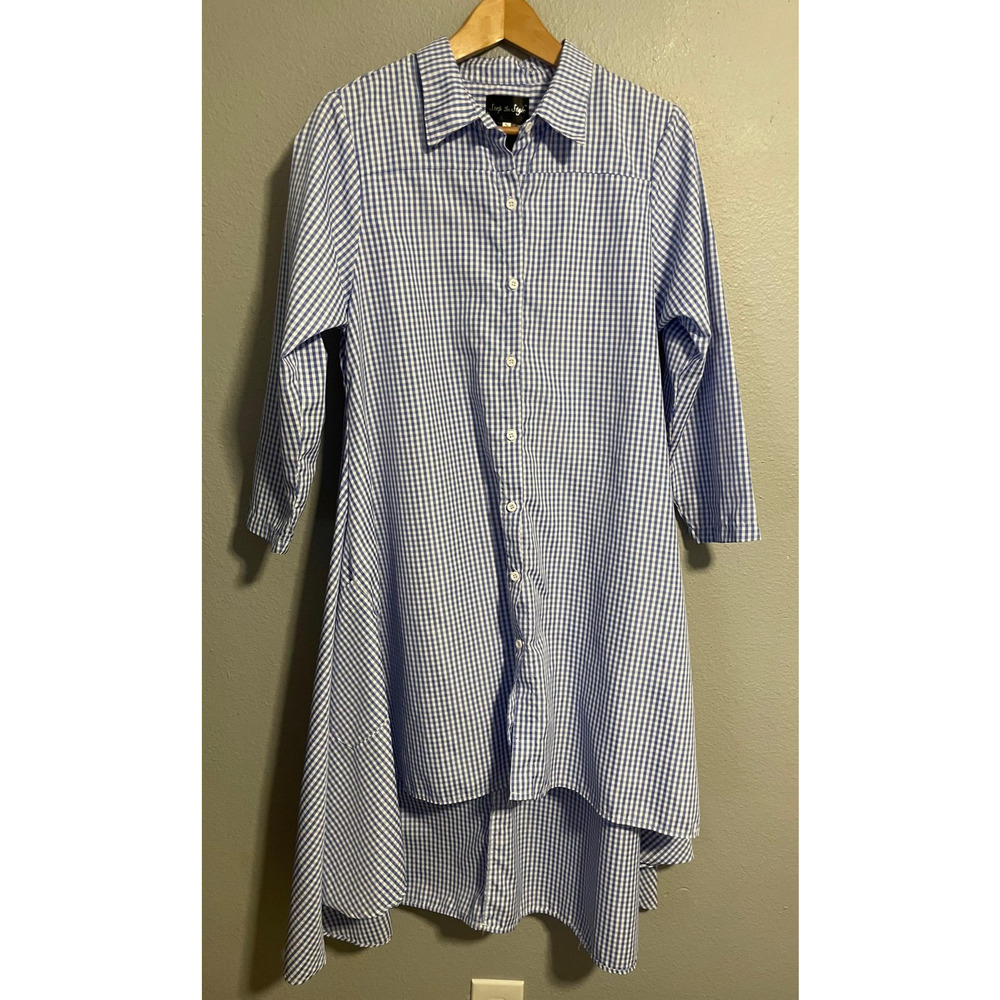 Step In Style Dress Womens Small Blue White Gingham High Low Hem Summer Garden